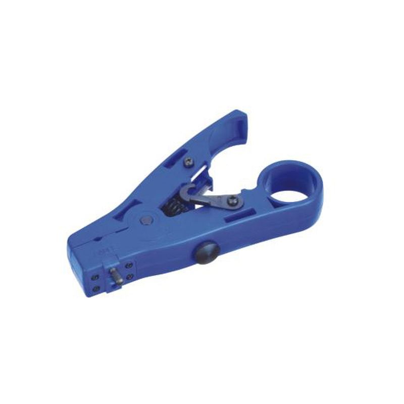 Blue plastic cable stripper and cutter with a curved handle, featuring a spring mechanism and a cutting blade for UTP, STP, coax, and telco cables.