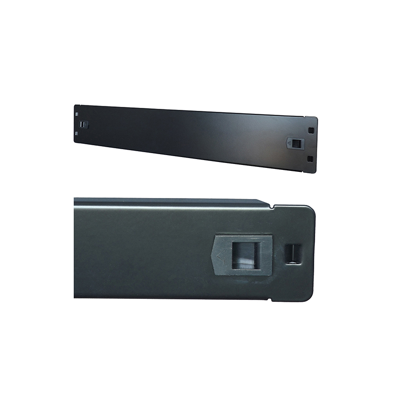 Black 1U 19-inch blanking plate made of durable material, featuring push-fit design for easy installation and a sleek, professional appearance.