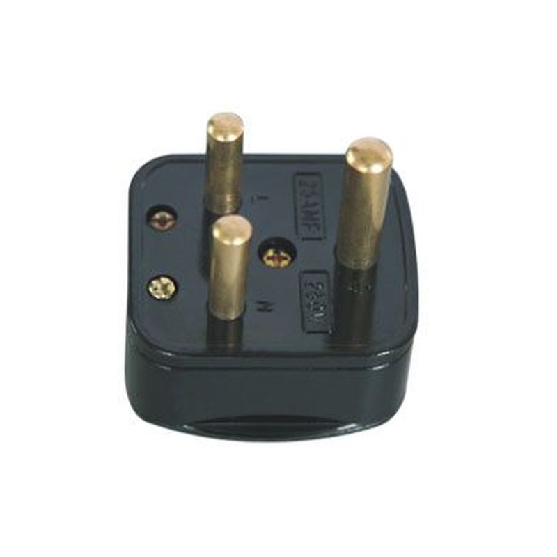 Black South African mains plug with three brass prongs, featuring a rectangular shape and screw holes for secure attachment, designed for electrical connections.