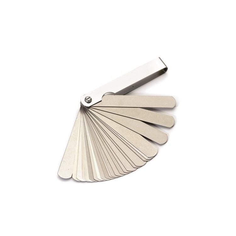 Apico 25-piece feeler gauge set featuring stainless steel blades in a fan configuration, with a sturdy metal handle for easy handling and storage.