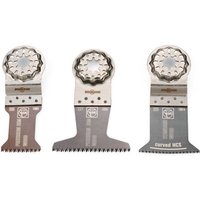 Set of three Fein Starlock wood plunge-cut saw blades with silver toothed edges and circular mounting heads.
