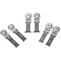 Fein 6-pack E-Cut StarlockMax saw blades, silver and black, designed for cutting wood and metal.