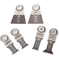 Set of six Fein StarlockPlus blades for wood and metal, featuring silver and black finishes with toothed edges.
