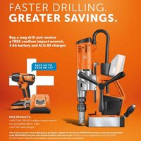 Orange and black Fein magnetic core drill with ergonomic handle and adjustable base, 110V power cord attached.