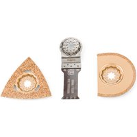 Fein Starlock 3 piece Tile Working Combo with triangular, semicircular, and straight-edge blades, gold and silver tones.