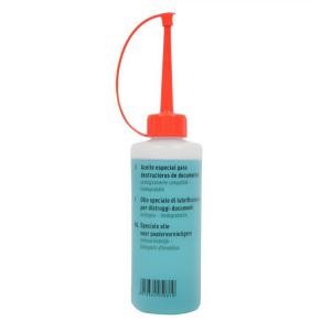 Clear plastic bottle of Fellowes high security shredder oil, 200ml, with a red nozzle and cap, featuring blue liquid and labeling on the back.