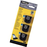 Fellowes SafeCut Replacement Blades 3 Pack, black cartridges in yellow packaging with safety shield icons.