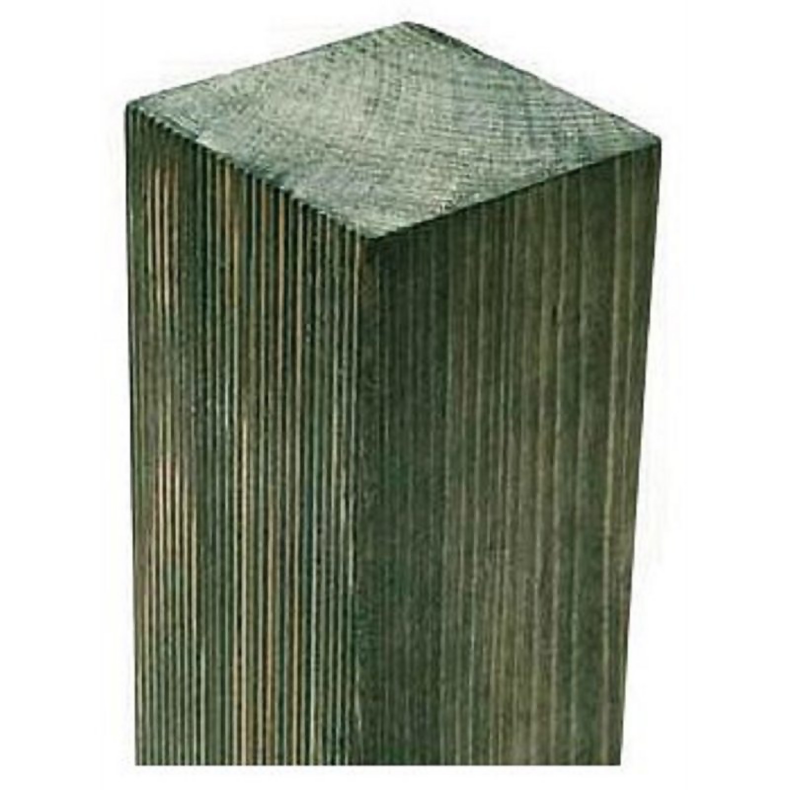 Green-treated wooden fence post measuring 2.4m in height, with a square cross-section of 75mm, featuring a textured surface and sharp edges for durability.