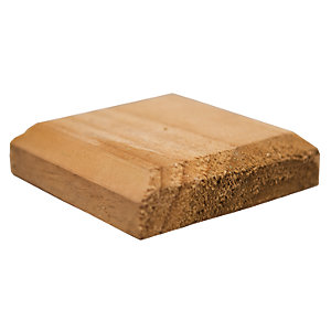 Square wooden fence post cap with a smooth, natural finish, featuring beveled edges and a light brown color, designed for outdoor use.