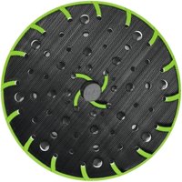 Black Festool sanding pad with green accents, circular design, multiple holes, 150mm diameter, M8 connection.