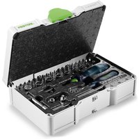Festool 37 piece socket set in a white mini systainer, includes sockets, ratchet, and bits with green latch.