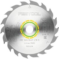 Festool circular saw blade, silver with 18 teeth, 160/20mm diameter, engraved text and yellow-green markings.