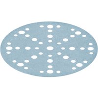 Blue round Festool abrasive sheet with multiple holes, P120 grit, for sanding, part of a 100-pack set.