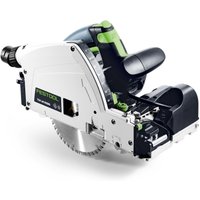 Festool plunge-cut saw with scoring function, white and black body, green accents, visible circular blade.