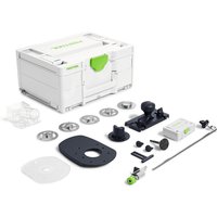 Festool router accessories set with white storage case, green handle, base plates, guide rods, and various metal attachments.