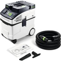 White Festool CT 25 mobile dust extractor with black hose, green accents, and wheels, includes accessories and dust bag.