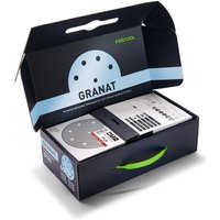 Festool 60-piece Granat sanding disc set, 125mm, in black and blue box with product label and open lid.