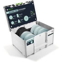 Festool D150 GR NET Granat sanding discs in gray Systainer 3 case with organized compartments and open lid.