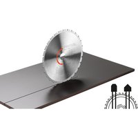 Festool circular saw blade with diamond teeth, silver with red logo, designed for cutting HPL laminate surfaces.