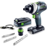 Festool toy cordless drill with green accents, battery pack, USB cable, and drill bits included.