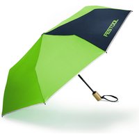 Green and black Festool Fan UMB-FT2 umbrella with wooden handle and wrist strap.