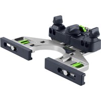 Festool parallel side fence with silver metal frame, black knobs, green accents, and adjustable guides for routers.