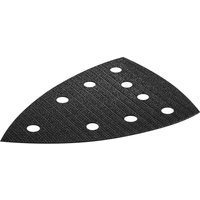 "Black Festool delta sander protection pad, triangular with textured surface and nine circular holes"