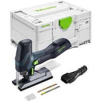 Black and green Festool PSC-E 18v cordless jigsaw with ergonomic handle, blade, and storage case.