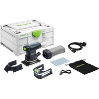 Festool RTS 400 REQ-Plus RUTSCHER Orbital Sander with black and green accents, dust bag, and accessories in a white case.