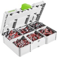 Festool SYS3 S 76-DBL set in white Systainer case with green handle, containing assorted red and black wall plugs.