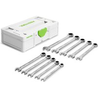 Festool SYS3 S 76-RRS set with 10 silver ratchet ring spanners and white storage case with green latch.