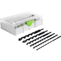 Festool SYS3 S 76-SB CE-SORT/6 set with six black auger drill bits and a white storage case with green latch.