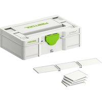 Festool SYS3 S 76 Systainer Tool Case, white with green latch, stackable design, includes dividers and compartments.