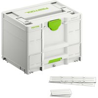 Festool Systainer Sortainer SYS3-Combi M 287 tool case, white with green latches, stackable design, and multiple compartments.