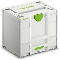 Festool Systainer Sortainer SYS3-Combi M 337, white tool case with green handle and multiple compartments.