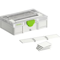 White Festool tool case with green latch, transparent top, and modular dividers for SYS3-RK/6 Rack.