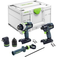 Festool TID TPC 18v cordless combi drill and impact driver kit with green accents, accessories, and storage case.