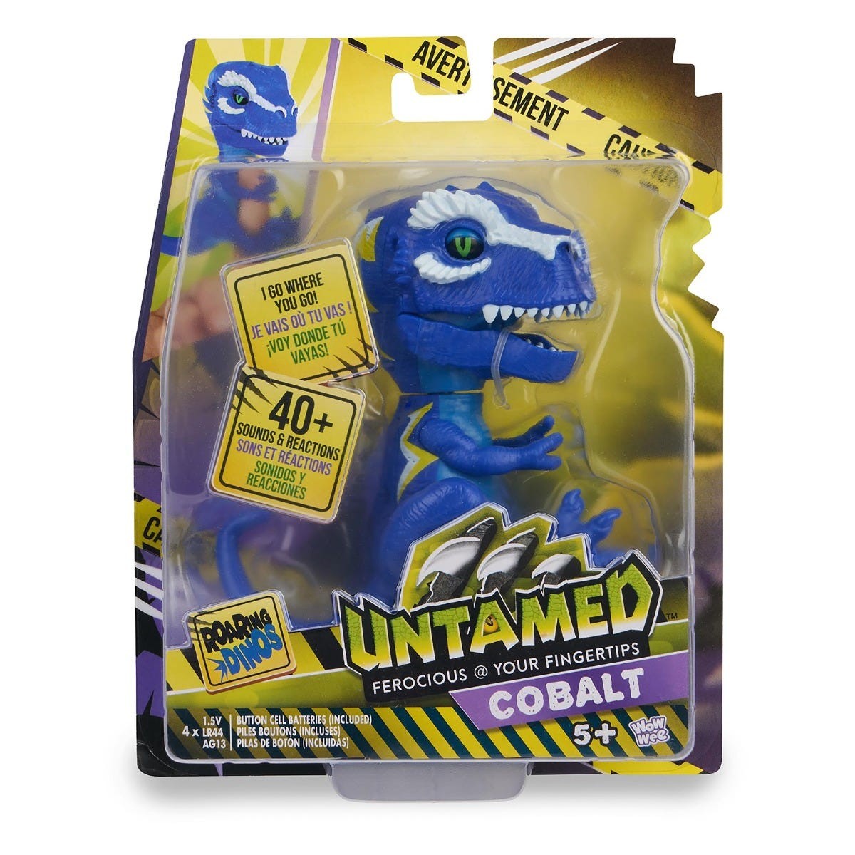 Cobalt blue Fingerlings Untamed T-Rex electronic pet in packaging, featuring a fierce dinosaur design, with a vibrant color and labeled with 40+ sounds and reactions.