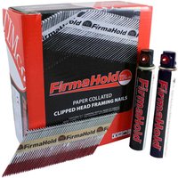 Firmahold framing nails with straight shank, bright finish, in red box, includes two gas canisters.