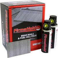 Firmahold red box with 16 gauge brad nails and two gas canisters with black caps and yellow indicators.