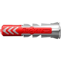 Red and gray Fischer DuoPower wall plug with expansion wings and Fischer logo.