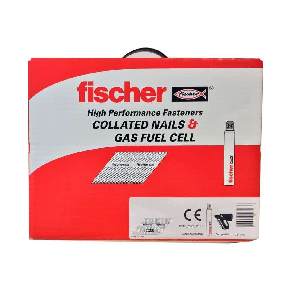 Red and white packaging for Fischer Fixings Nfp 51x2.8mm galvanized ring shank collated nails, includes three gas fuel cells, featuring a prominent Fischer logo.