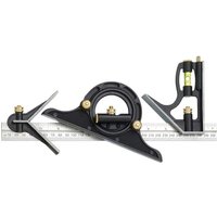 Black Fisher Combination Square Set with silver ruler, brass knobs, and built-in spirit levels.