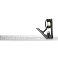 Black and silver Fisher Combination Square with a stainless steel ruler and built-in yellow spirit level.