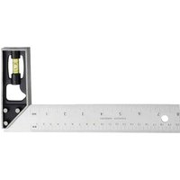 Stainless steel try square with black handle, built-in level, and measurement markings on the blade.