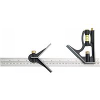 Black and silver Fisher combination square with 300mm ruler, brass knobs, and adjustable head for precise measurements.