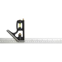 Black and silver Fisher Heavy Duty Combination Square with a stainless steel ruler and built-in level.