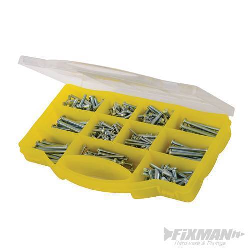 Yellow plastic storage box containing 450 machine screws in various sizes, featuring a transparent lid and divided compartments for organization.