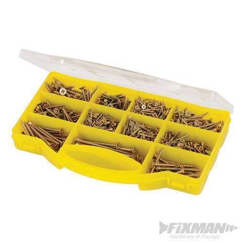 Fixman Goldstar Countersink Screws Pack contains 780 gold-colored screws in a clear yellow plastic organizer with multiple compartments for easy sorting.