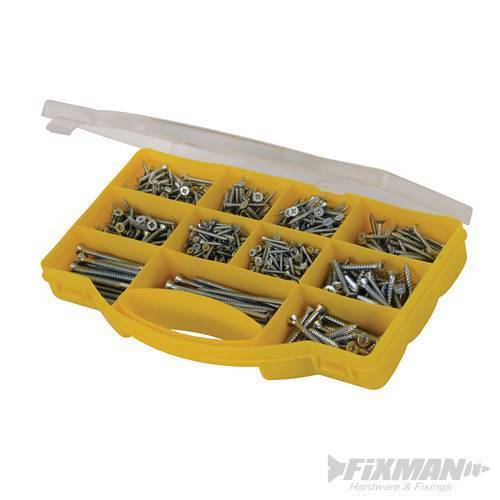 Clear plastic storage box with a yellow base, containing 780 zinc-plated countersink screws in various sizes, organized in compartments.